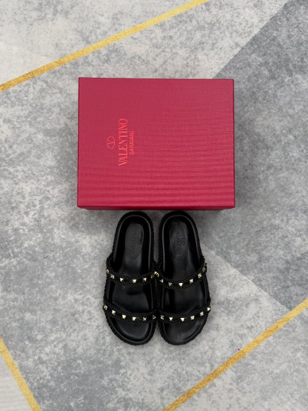 Women's Black Studded Slide Sandals, Gold Pyramid Stud Flat Sandals - Picture 2 of 11